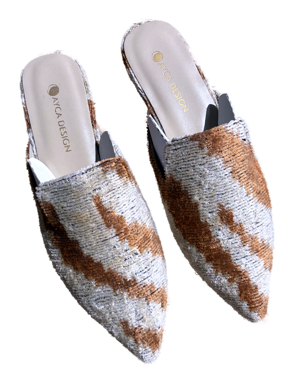 Silk Velvet Ikat Point Toe Slide in Camel Stripe