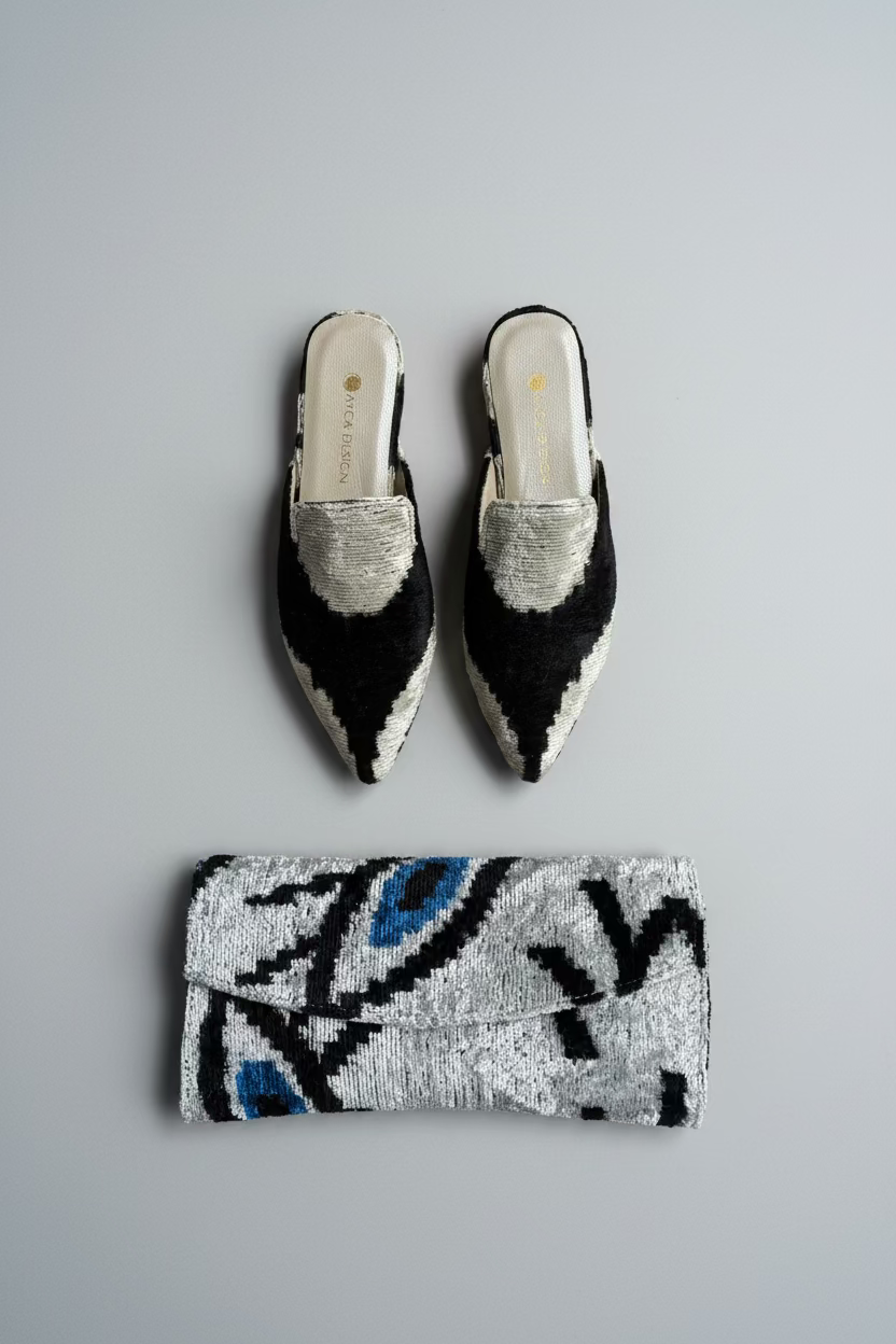 Silk Velvet Ikat Point Toe Slide in Black White