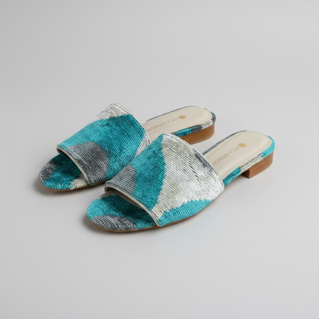Silk Velvet Ikat Slide in Blue Gray