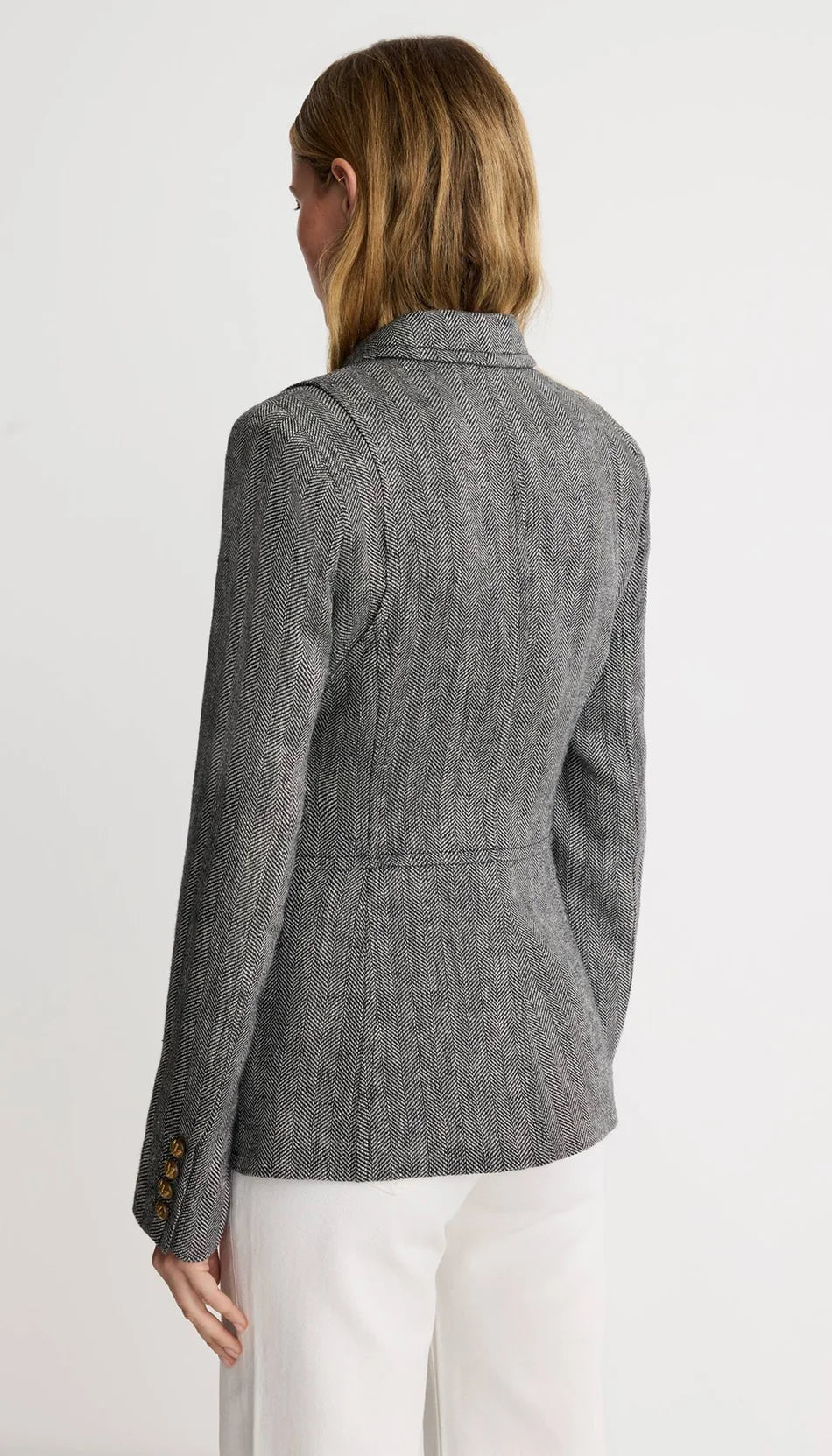 Three Button Blazer in Black Herringbone