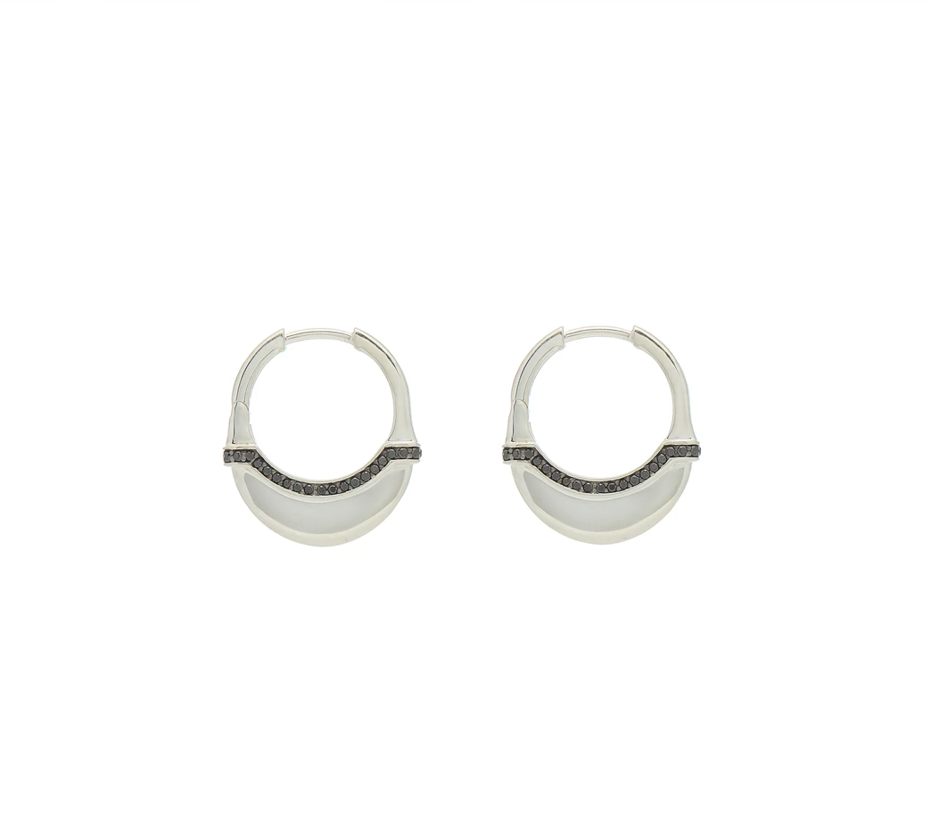 Luna Small Hoops in Silver with Black Diamond Detail