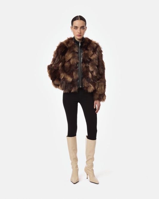 Apparis Lillet Patchwork Bomber in Noir/Brown Multi