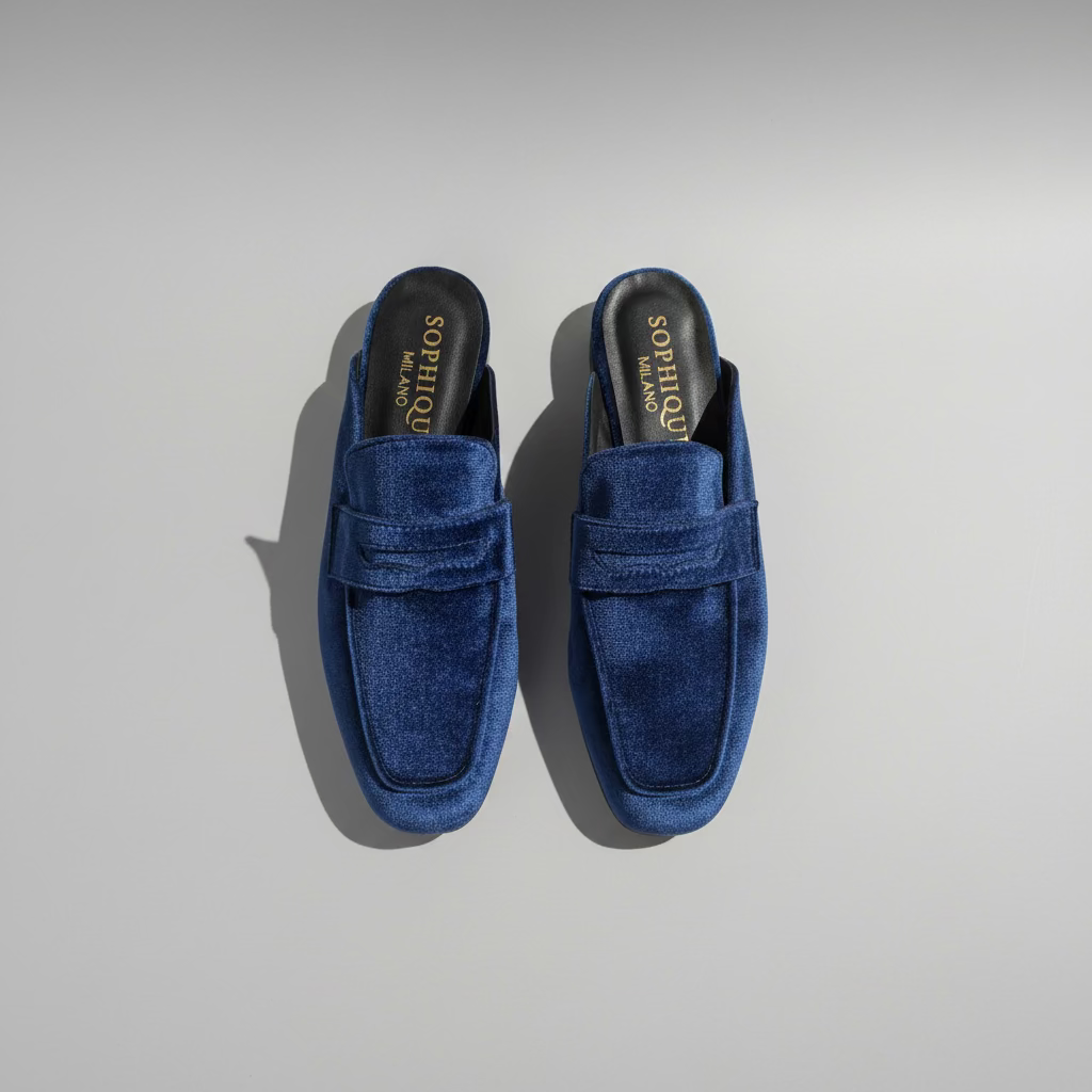 A pair of blue velvet penny loafers with a square toe, displayed on a wooden floor. The brand name 'Sophique Loafers' is visible on the insole.