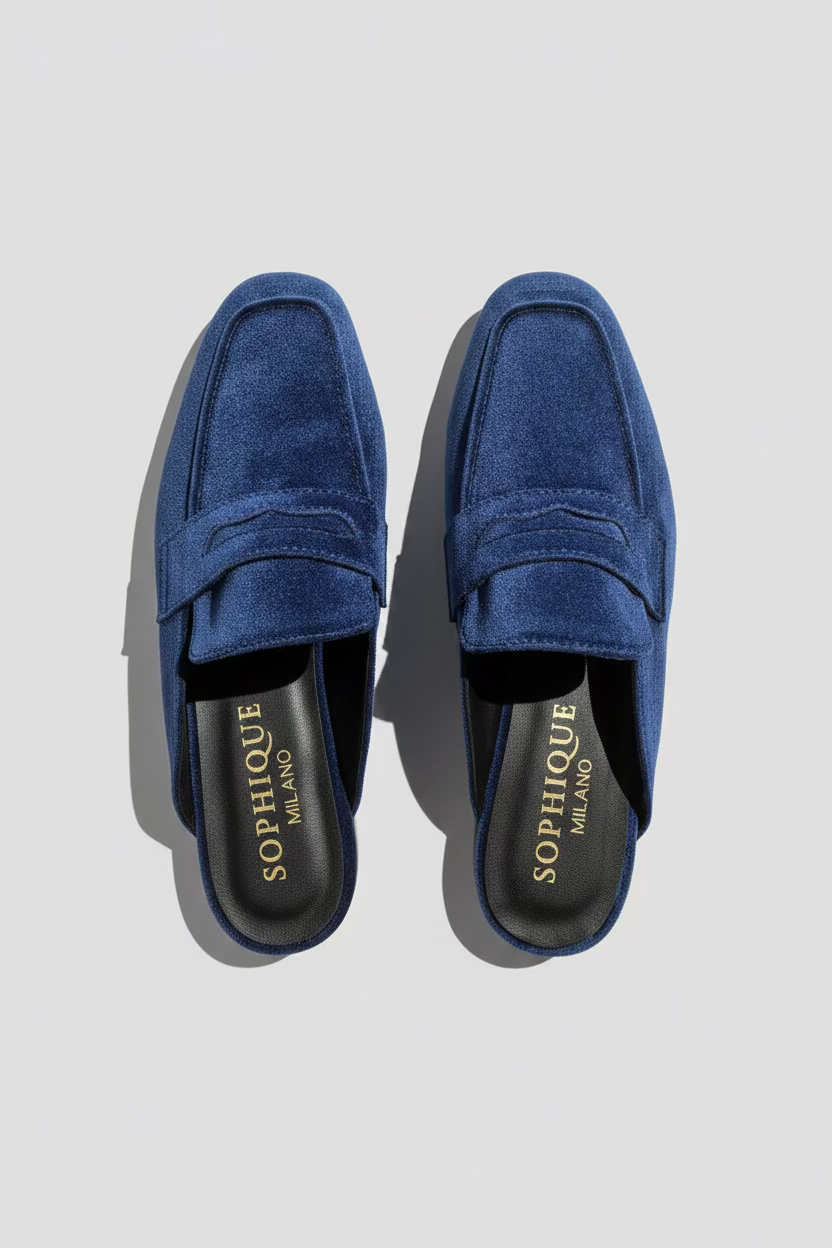 A pair of blue suede slip-on loafers  The brand name 'SOPHIOQUE' is visible on the black insoles.