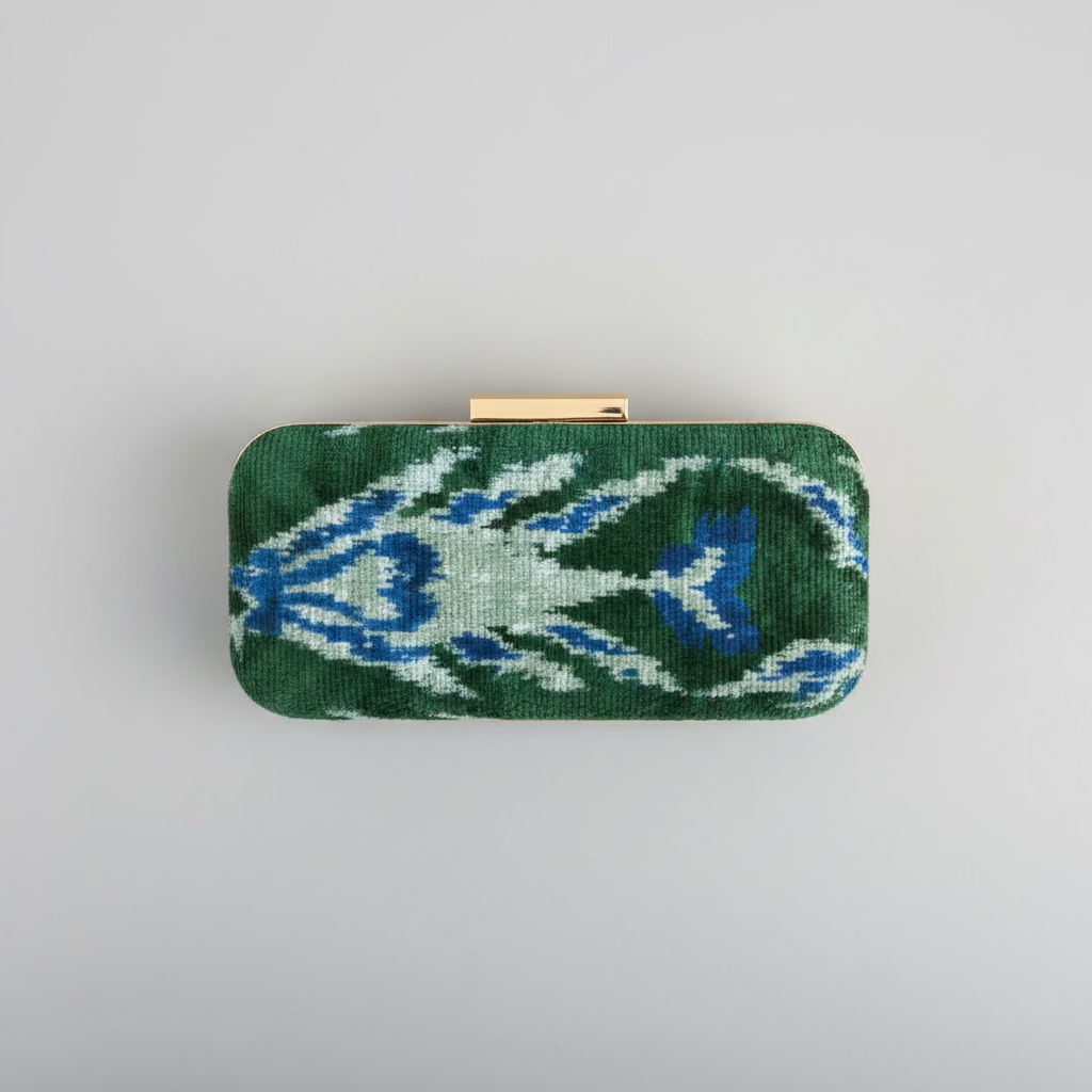 Silk Velvet Box Clutch in Blue Ikat
