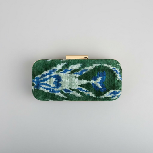 Silk Velvet Box Clutch in Blue Ikat