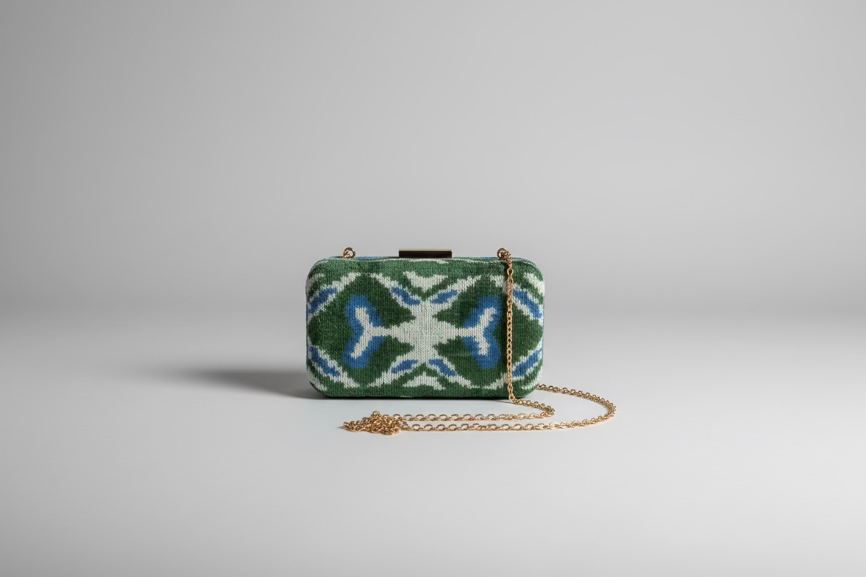 Silk Velvet Box Clutch in Blue Ikat
