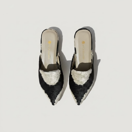 Silk Velvet Ikat Point Toe Slide in Black White