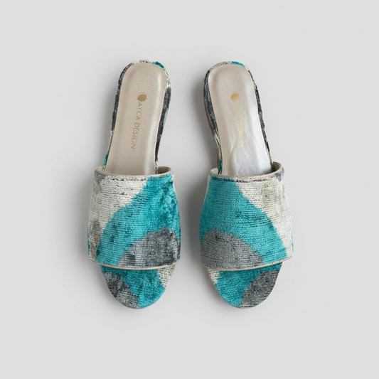 Silk Velvet Ikat Slide in Blue Gray