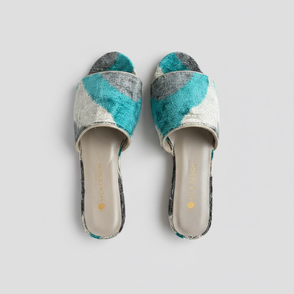 Silk Velvet Ikat Slide in Blue Gray