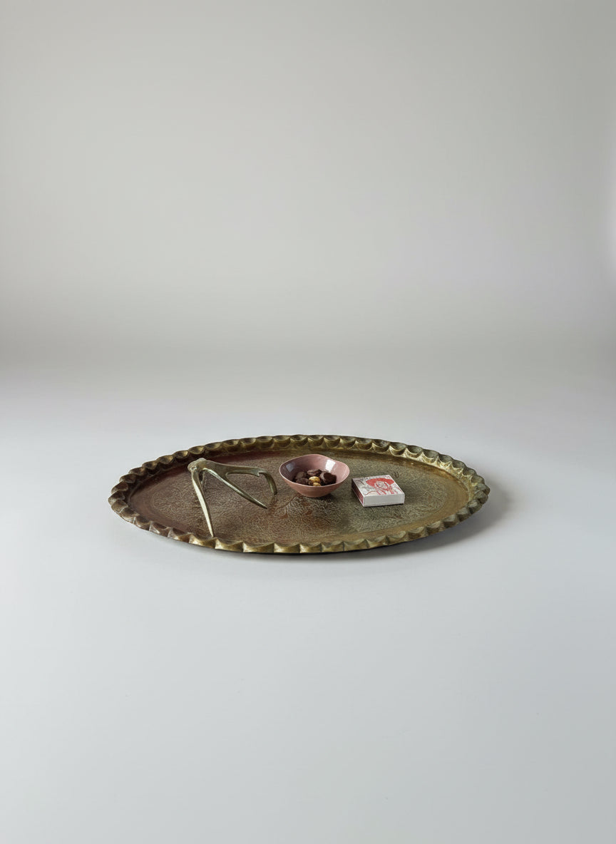 XL Solid Brass Tray with Scallop Edge and Etchings