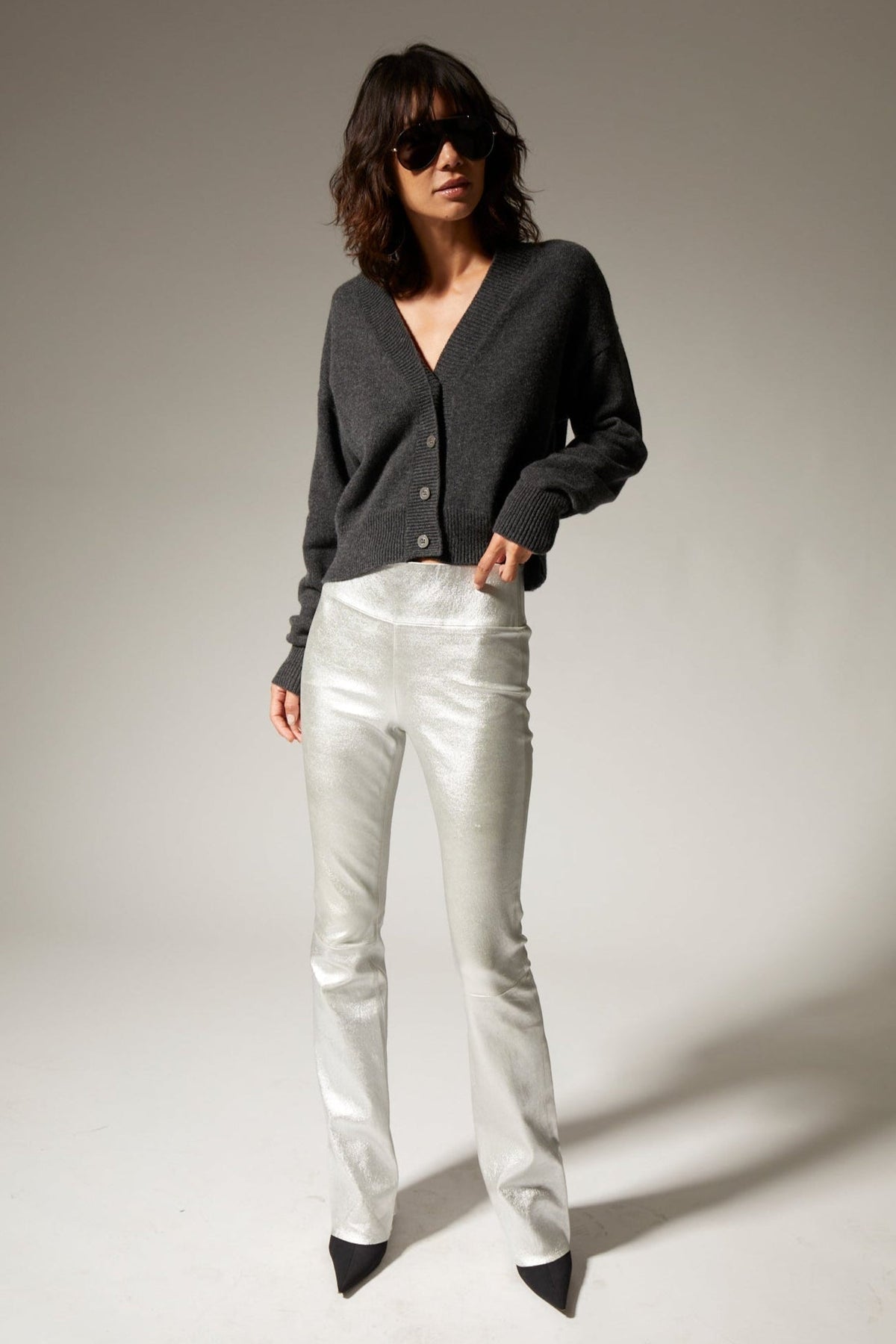 Leather 5 Pocket Micro Flare in Metallic Silver by SPRWMN