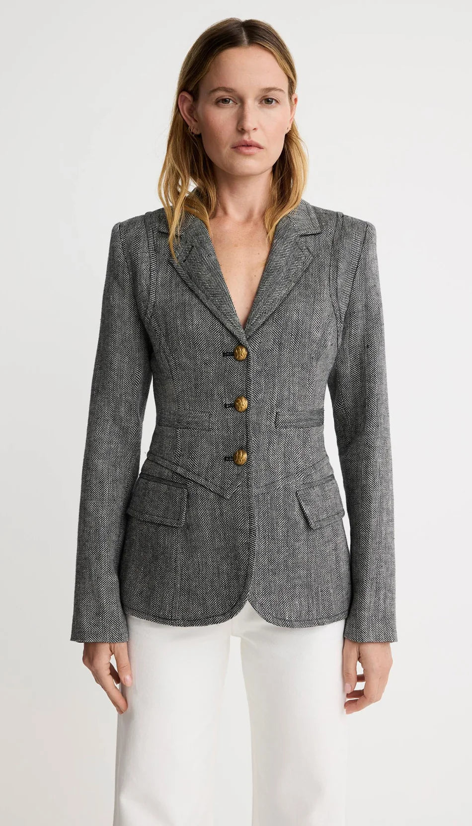 Three Button Blazer in Black Herringbone