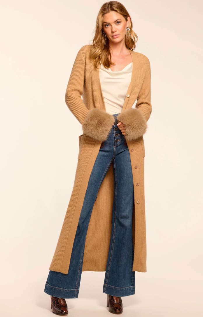 Louise Wool Blend Faux Fur Trim Duster Sweater in Camel