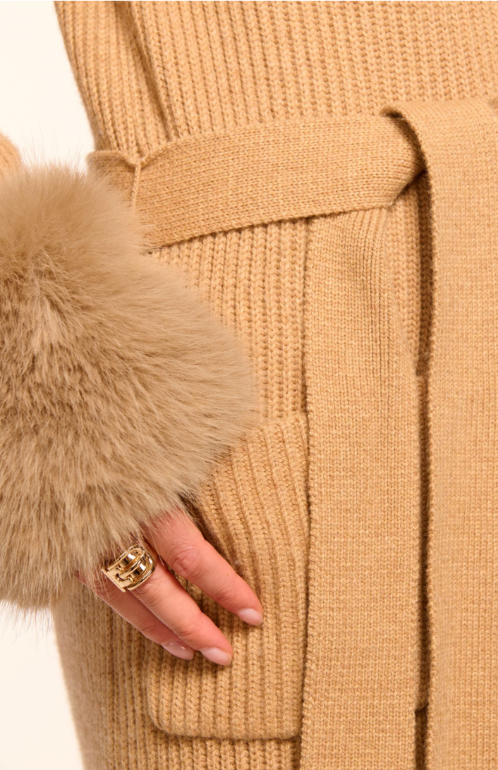 Louise Wool Blend Faux Fur Trim Duster Sweater in Camel