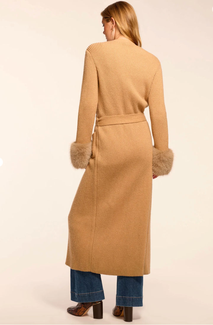 Louise Wool Blend Faux Fur Trim Duster Sweater in Camel