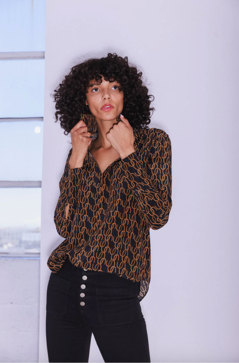 Daria French Cuff Silk Blouse in CC Print
