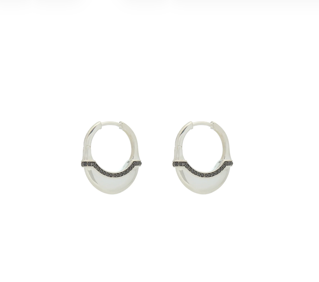 Luna Small Hoops in Silver with Black Diamond Detail