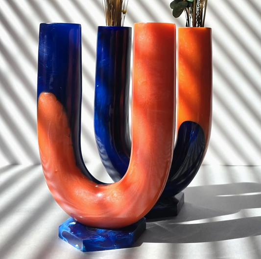 Hand poured Resin Flower Vase - Orange & Blue