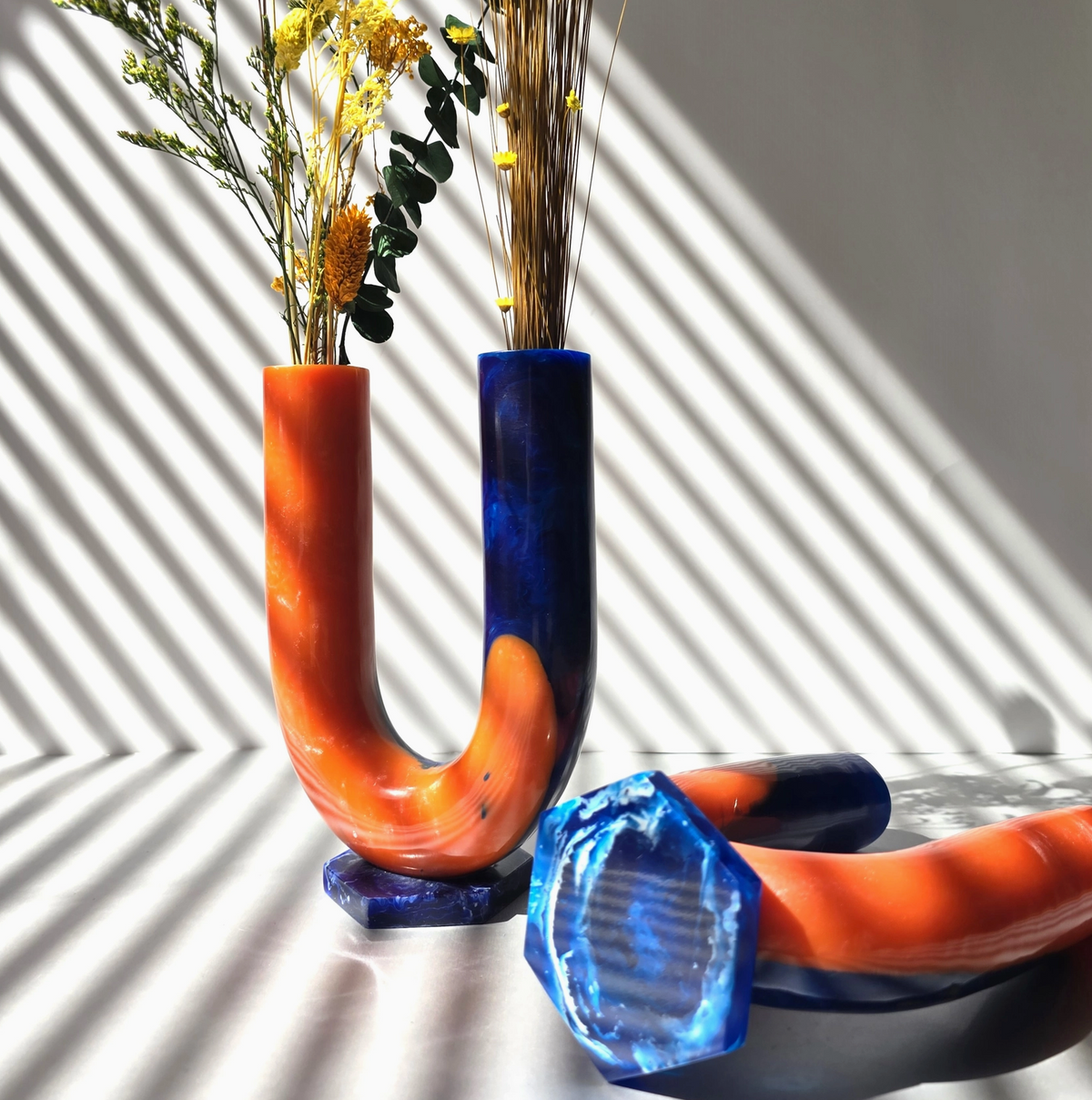 Hand poured Resin Flower Vase - Orange & Blue