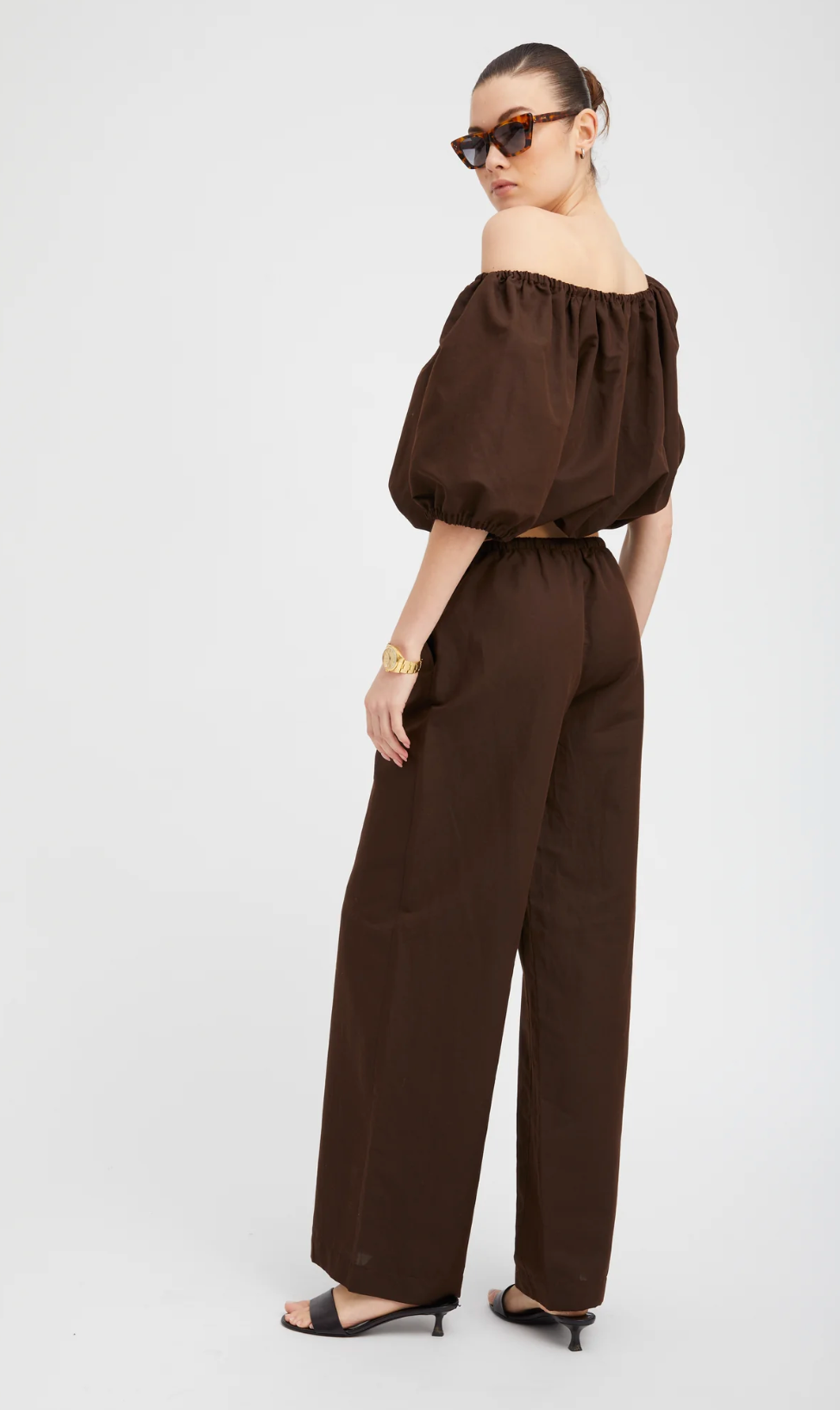 Linen Wide Leg Pintuck Trousers in Americano