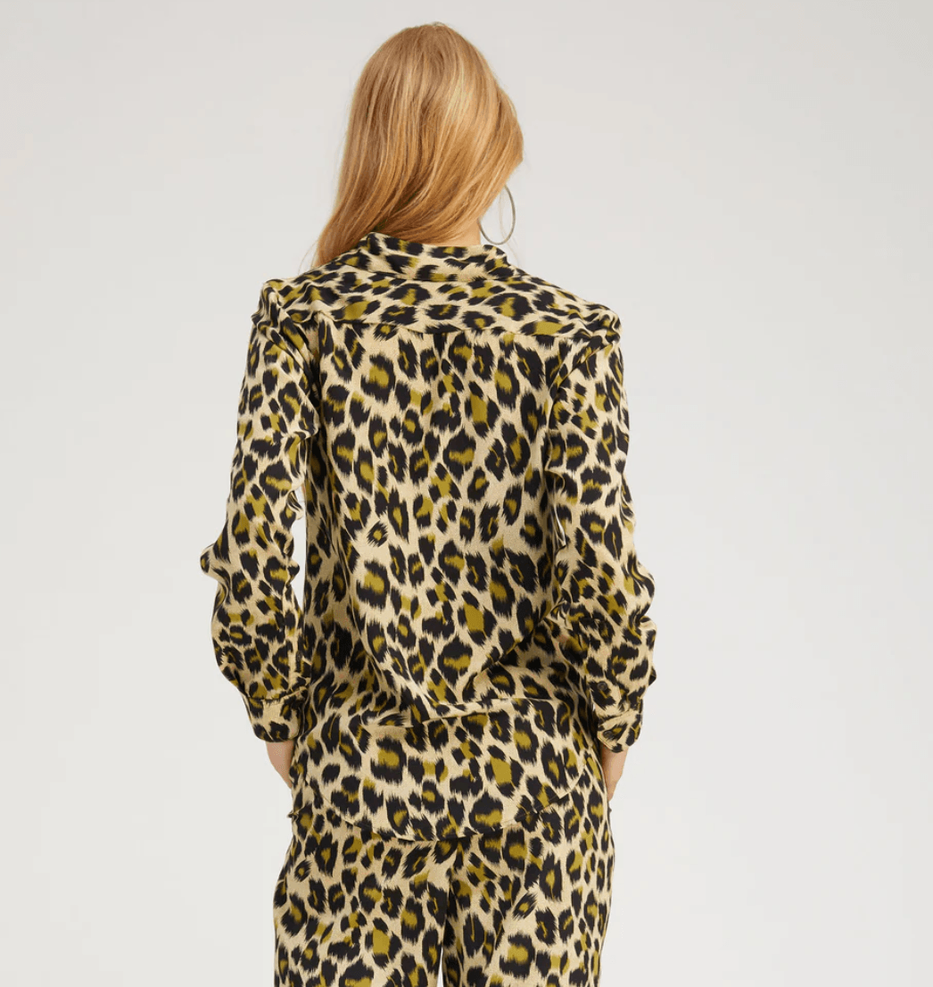 Green Leopard Silk Fitted Button Down