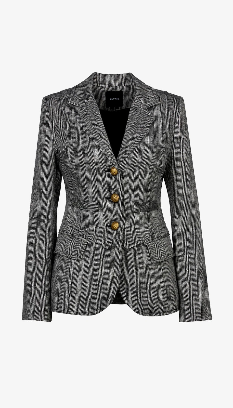 Three Button Blazer in Black Herringbone