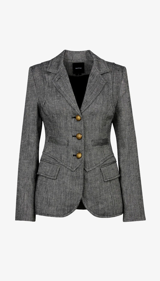 Three Button Blazer in Black Herringbone