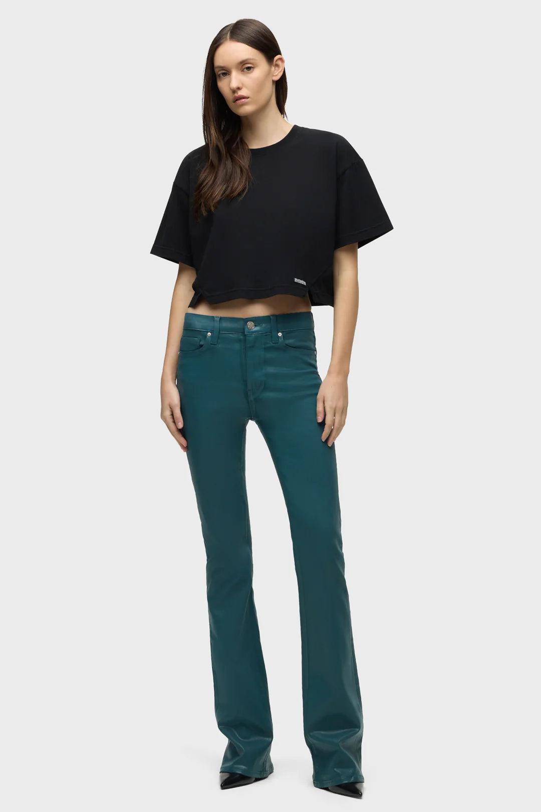 Barbara High Rise Coated Bootcut Denim Jean in Deep Teal