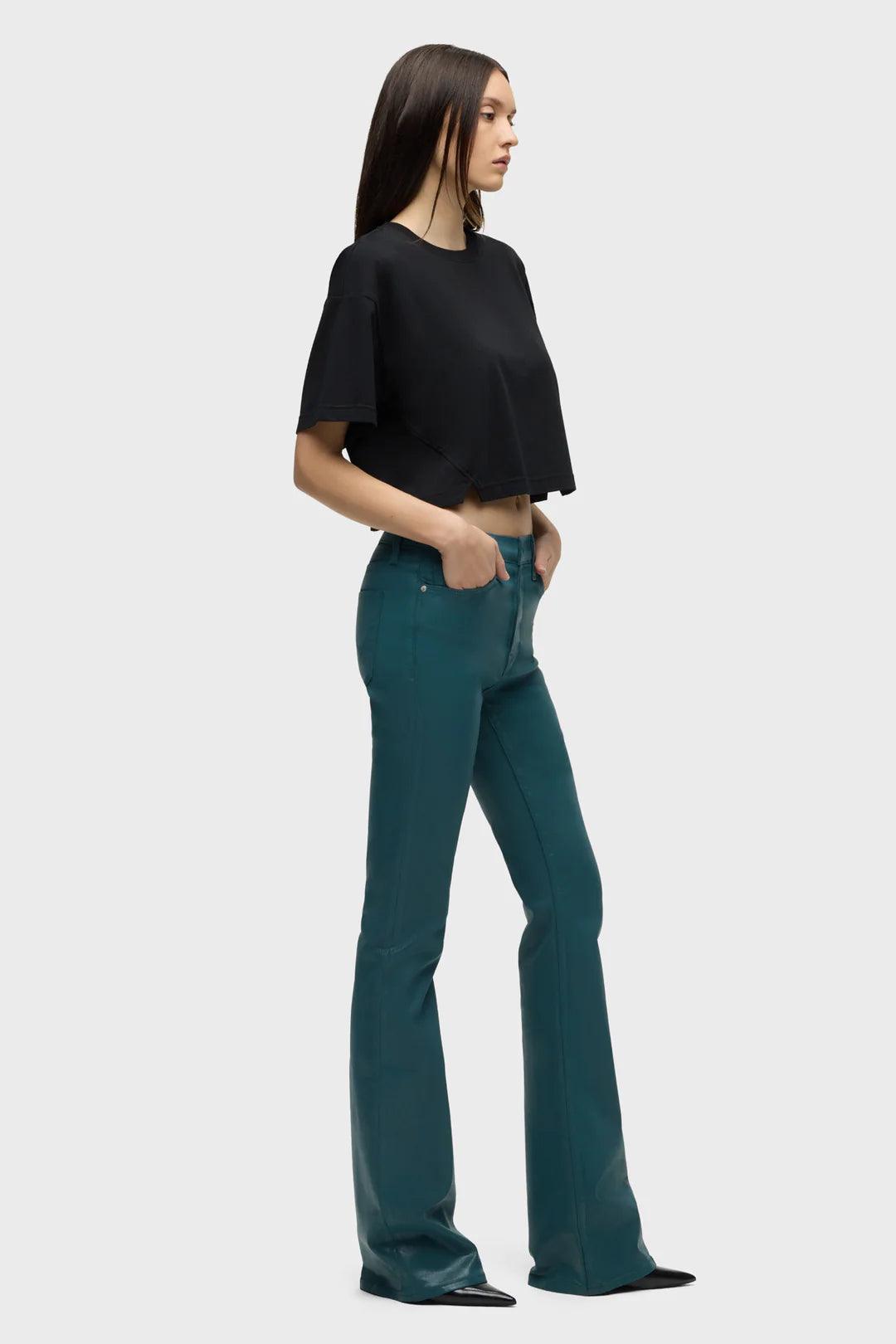 Barbara High Rise Coated Bootcut Denim Jean in Deep Teal