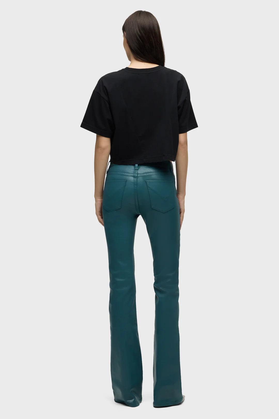 Barbara High Rise Coated Bootcut Denim Jean in Deep Teal